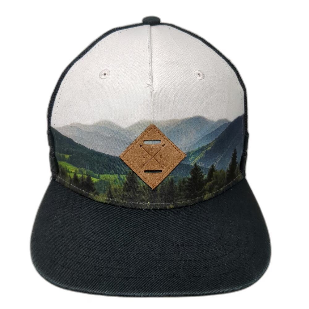 First Class Black White Trucker Hat One Size Mountain Graphic Snapback Mesh Back